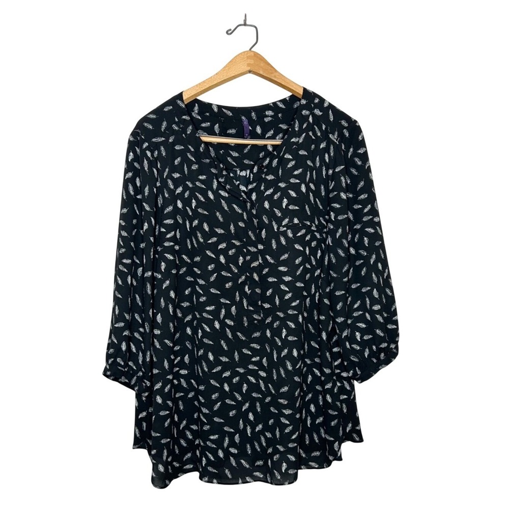 NYDJ Womens Neutral Black Feather Print Tunic Blouse Plus Size 1X